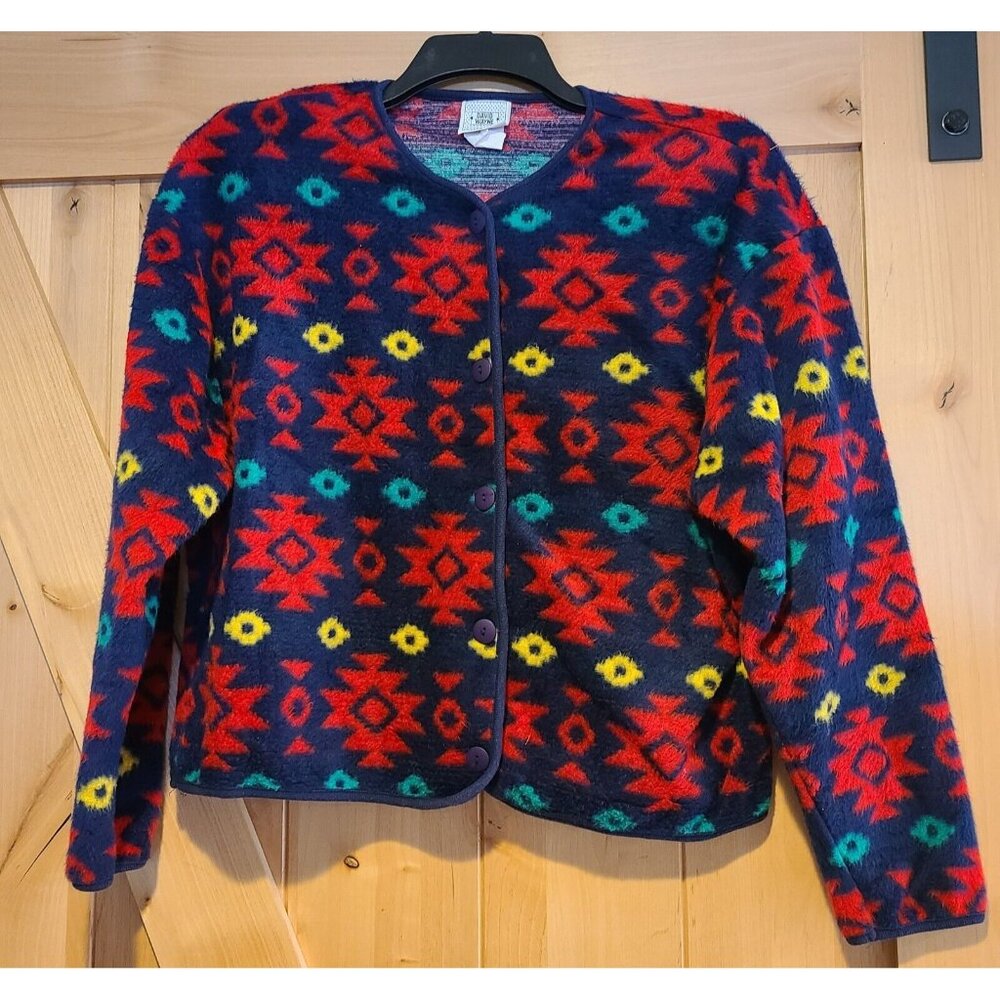VINTAGE 80s 90s DAVID WAYNE Fuzzy Fleece Southwest Aztec Sweater Cardigan Sz L